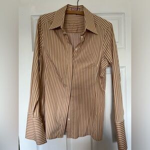 Y2K Office Siren!!! Thomas Pink STRETCH peach + white striped hidden button dwn